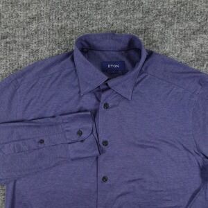 ETON Shirt Mens Large Blue Jersey Knit Button Up Long‎ Sleeve Casual Preppy